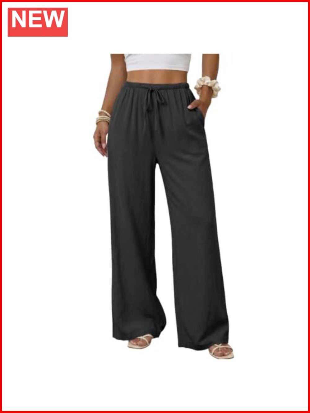 Womens Cotton Linen Palazzo Pants Drawstring Elastic Waist Wide Leg
